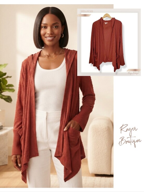 Maurices Sweaters - 🌿Maurices Terra Cotta Textured Open Front Hooded Cardigan Sweater Women's L